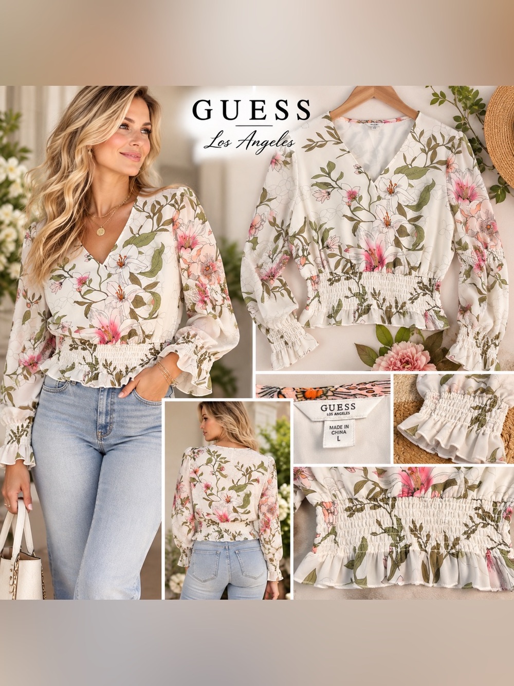GUESS Floral Smocked V-Neck Long Sleeve Top - White with Pink & Green